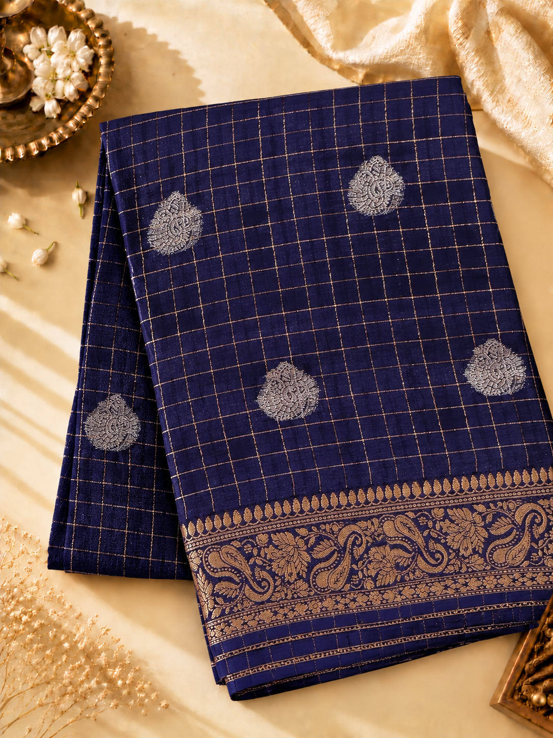 Navy Blue Semi-Mysore Silk Crepe Saree with Zari Checks & Floral Border