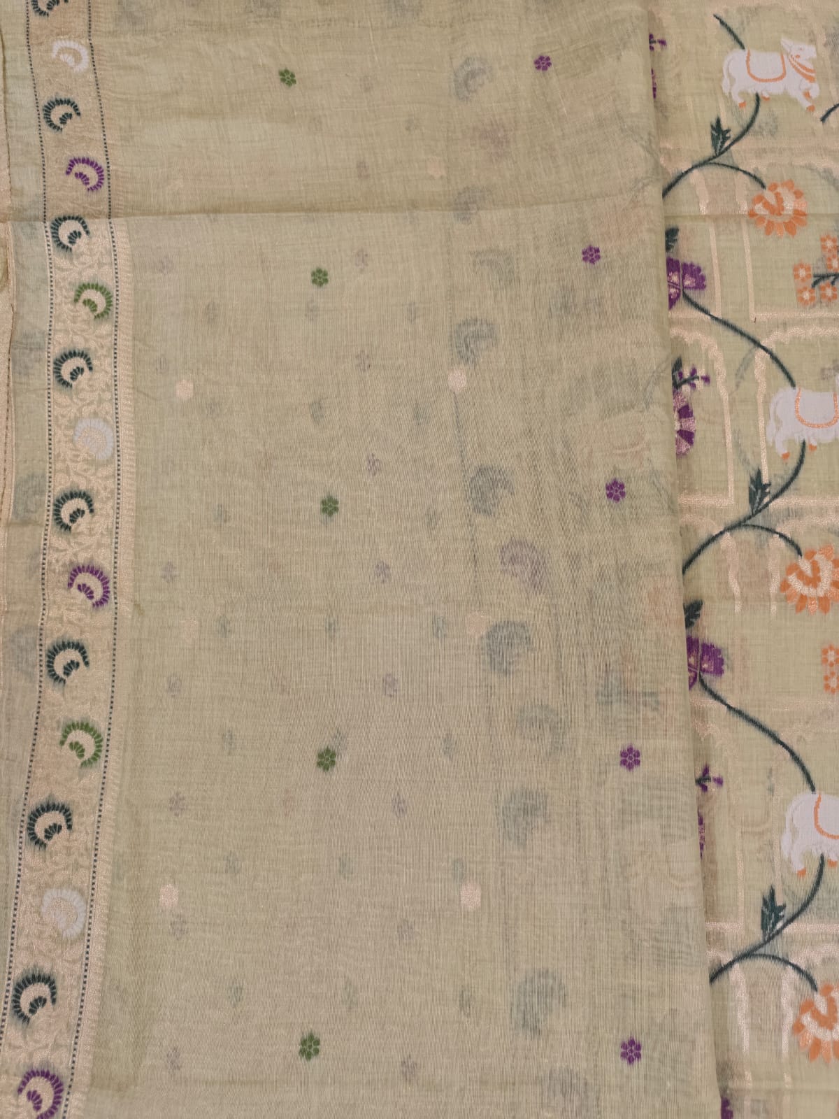 Pastel Green Linen Jamdani Saree with Floral Motifs & Zari Border