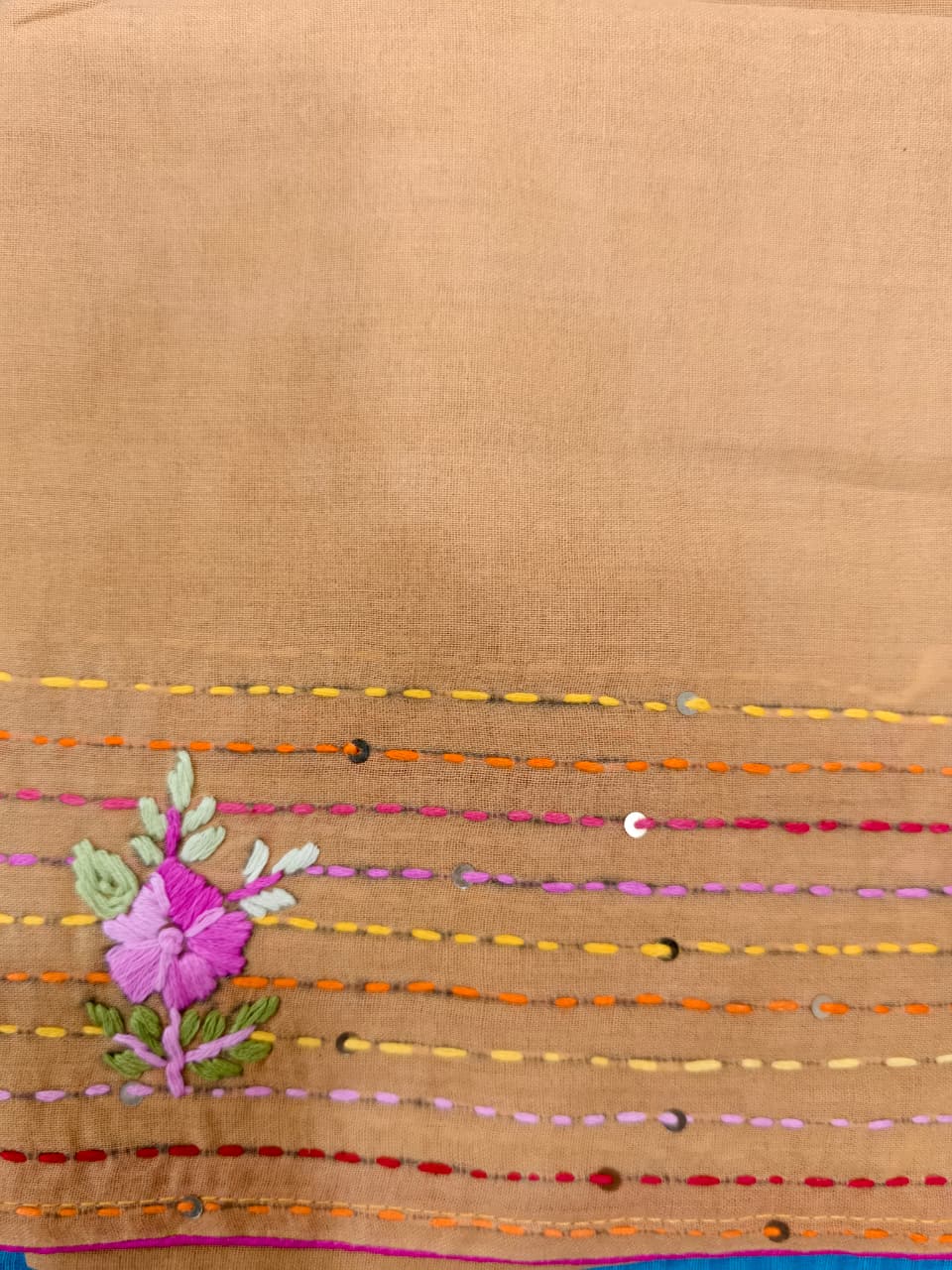 Turquoise Blue Cotton Kota – Hand Bullion Parsi & Kantha Work