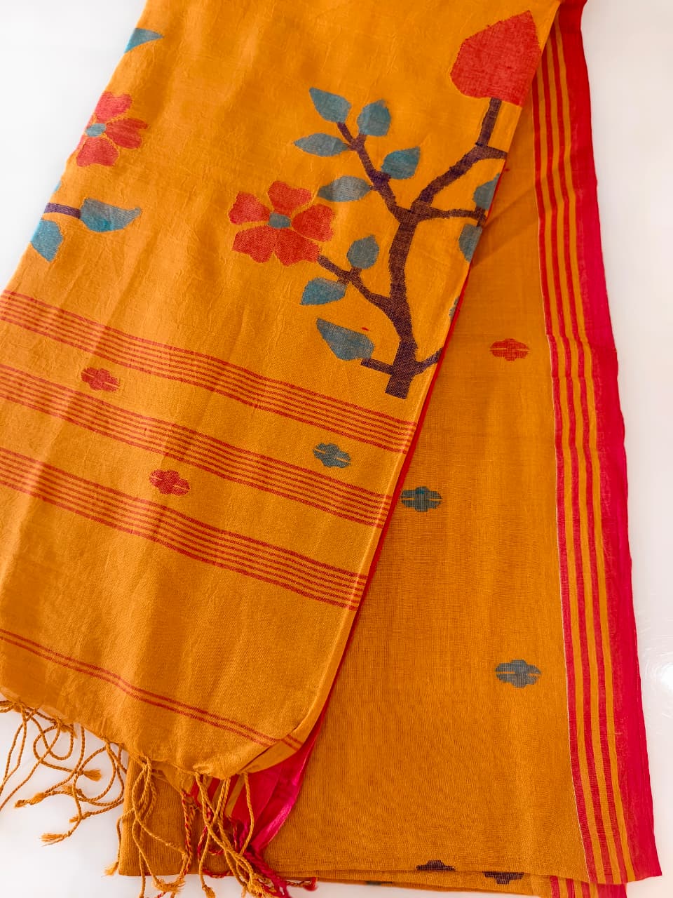 Mustard Yellow Muslin Cotton Jamdani Handloom Saree