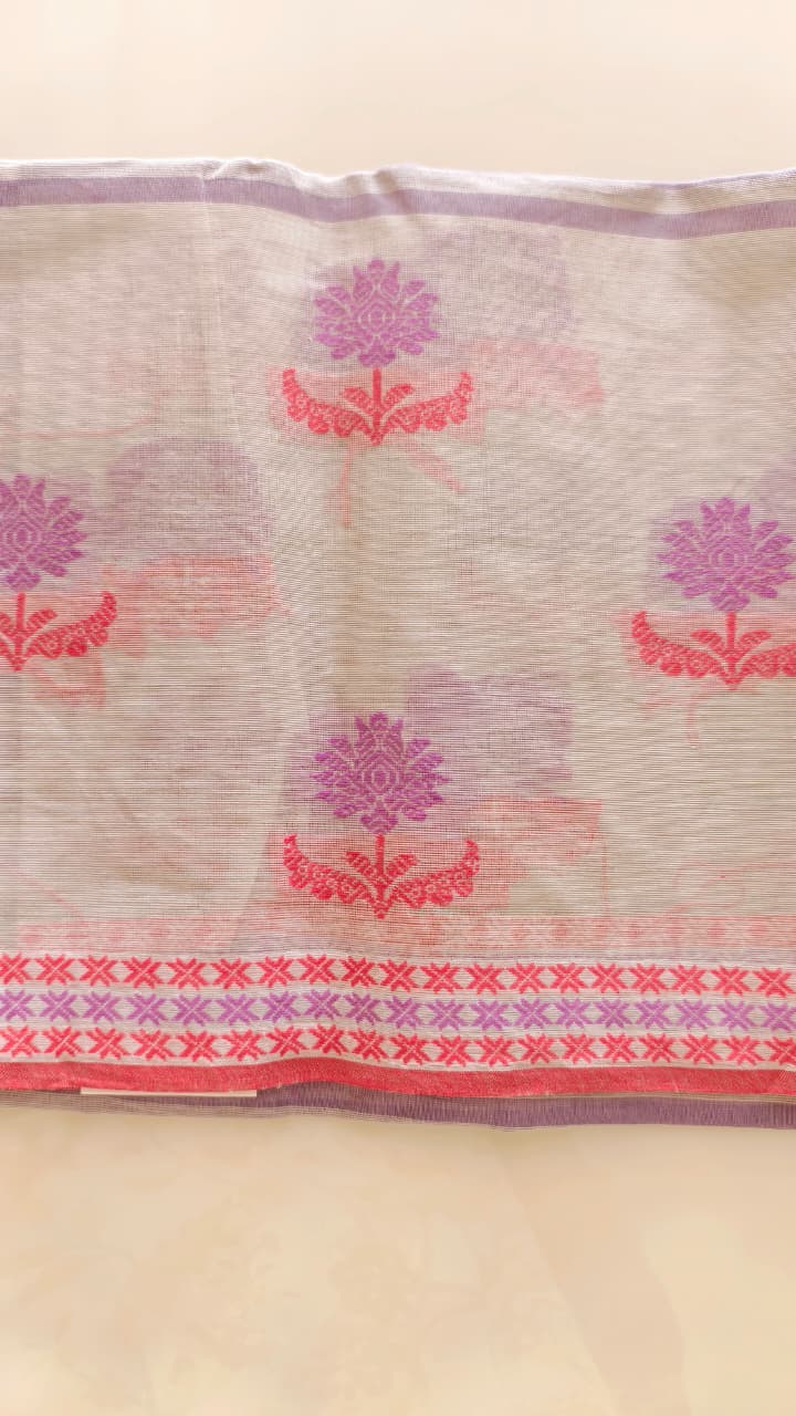 Lavender Pure Cotton Saree with woven Floral Motifs & Contrast Border