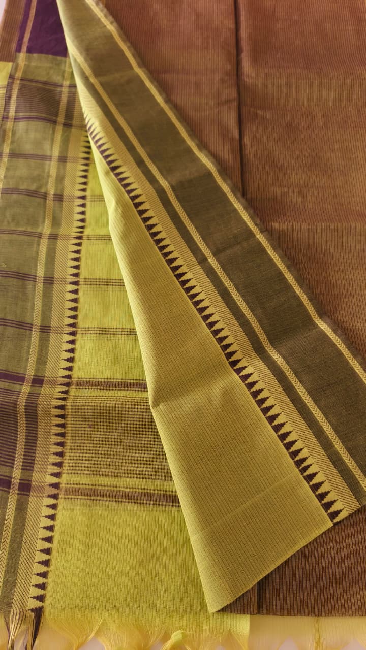 Pure Cotton Lime Green Saree with Fine Stripes & Contrast Maroon Blouse