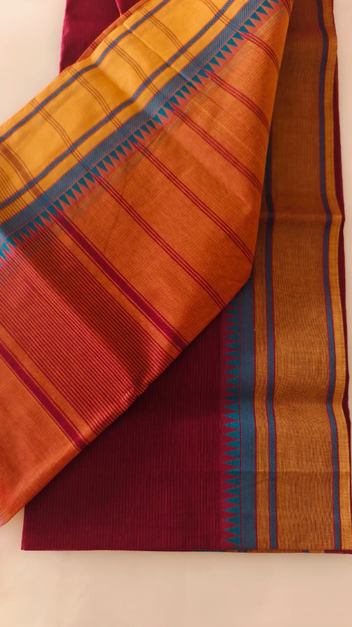Pure Cotton Rust Orange Saree with Maroon Body & Teal Contrast Border