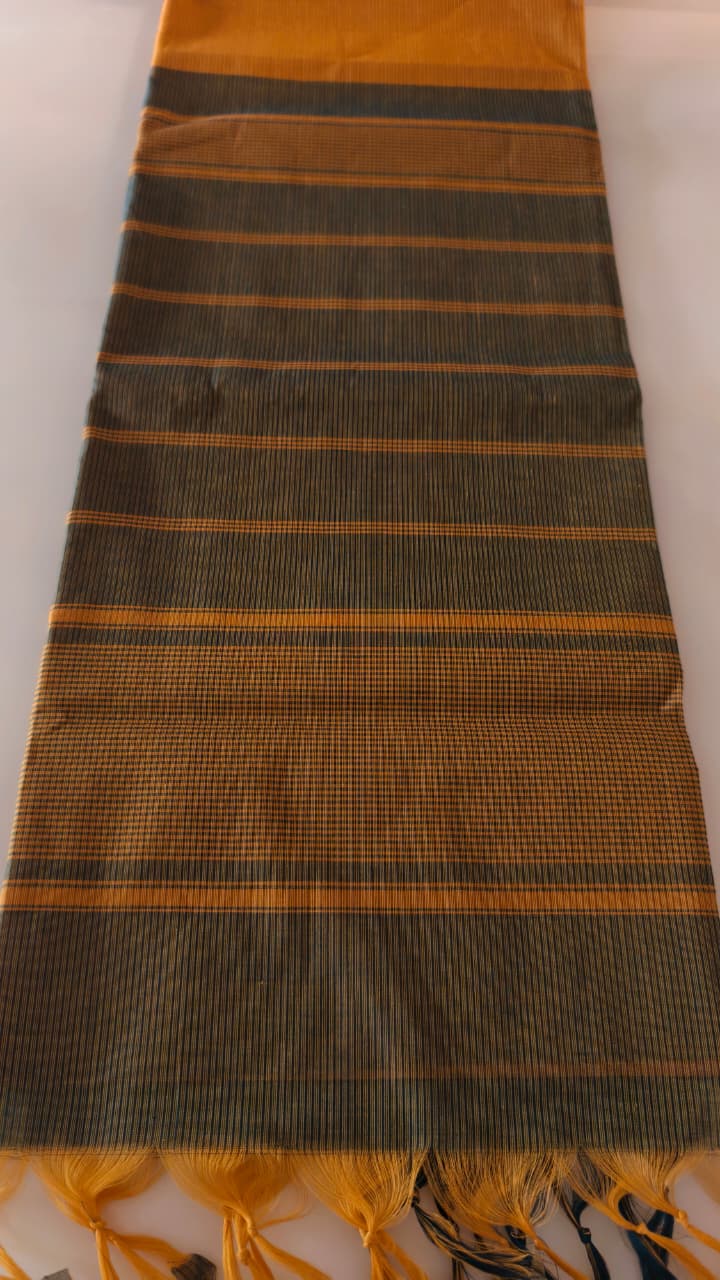 Pure Cotton Yellow Saree with Teal Blue & Charcoal Woven Stripes