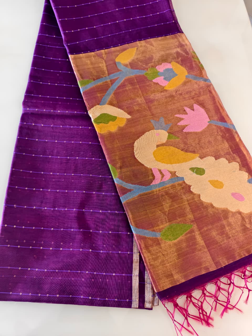 Deep Plum purple Silk cotton Jamdani saree