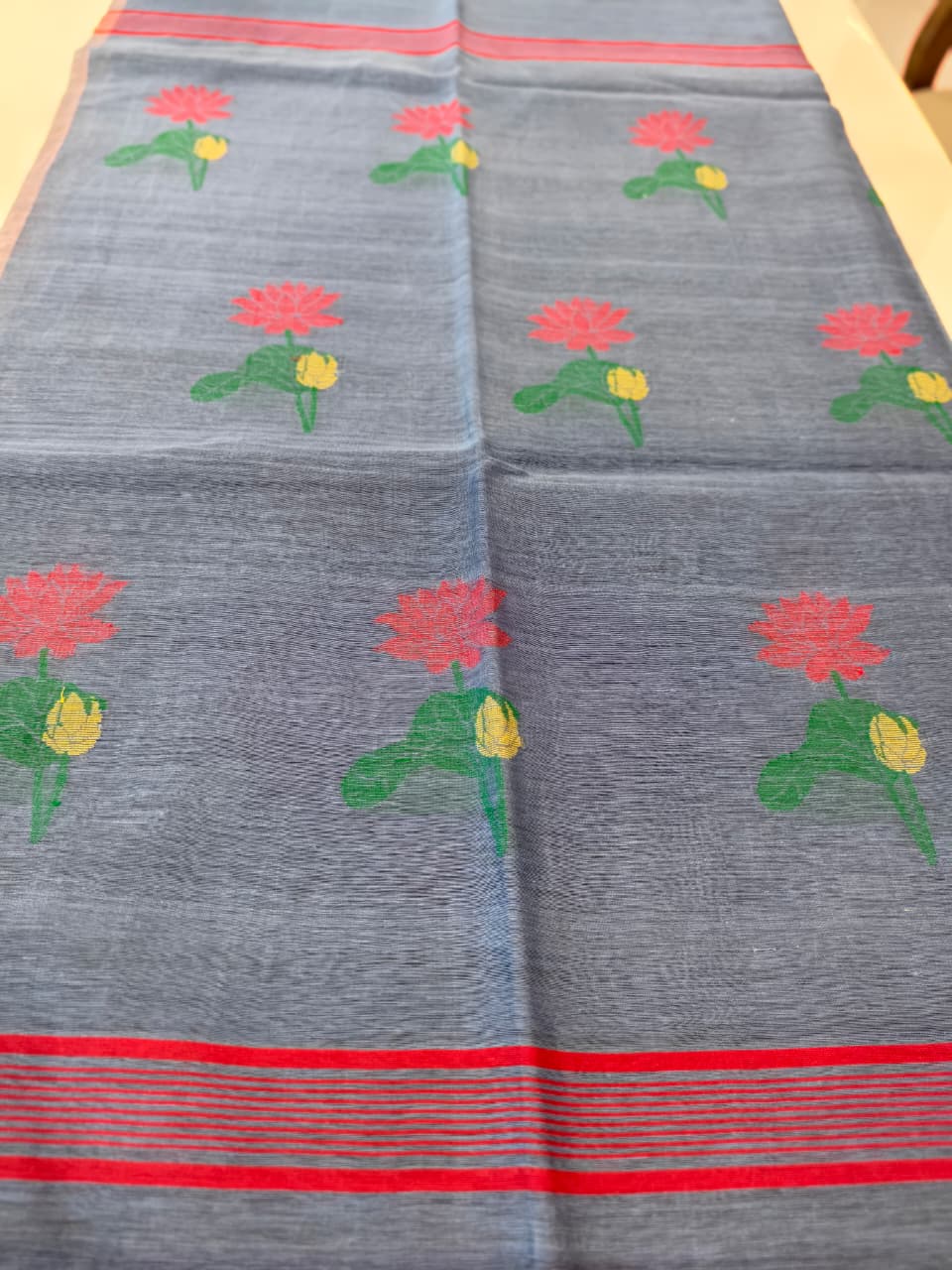 Slate Blue Silk Linen Jamdani Saree with Floral Motifs