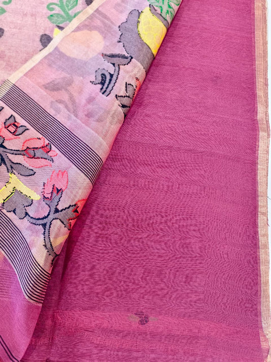Deep Rose Pink Linen Jamdani Saree