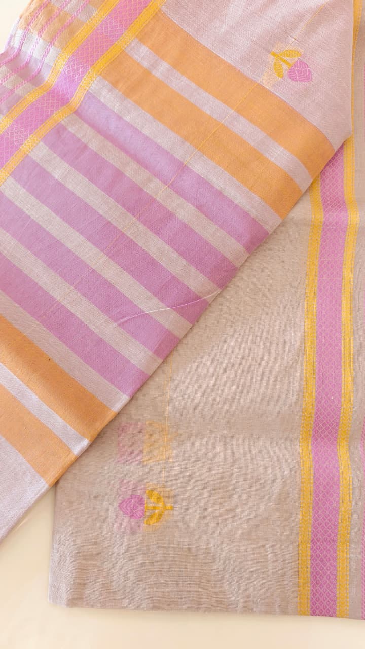 Pastel Blush Pink Pure Cotton Saree with Pink & Golden Floral Motifs and Contrast Border