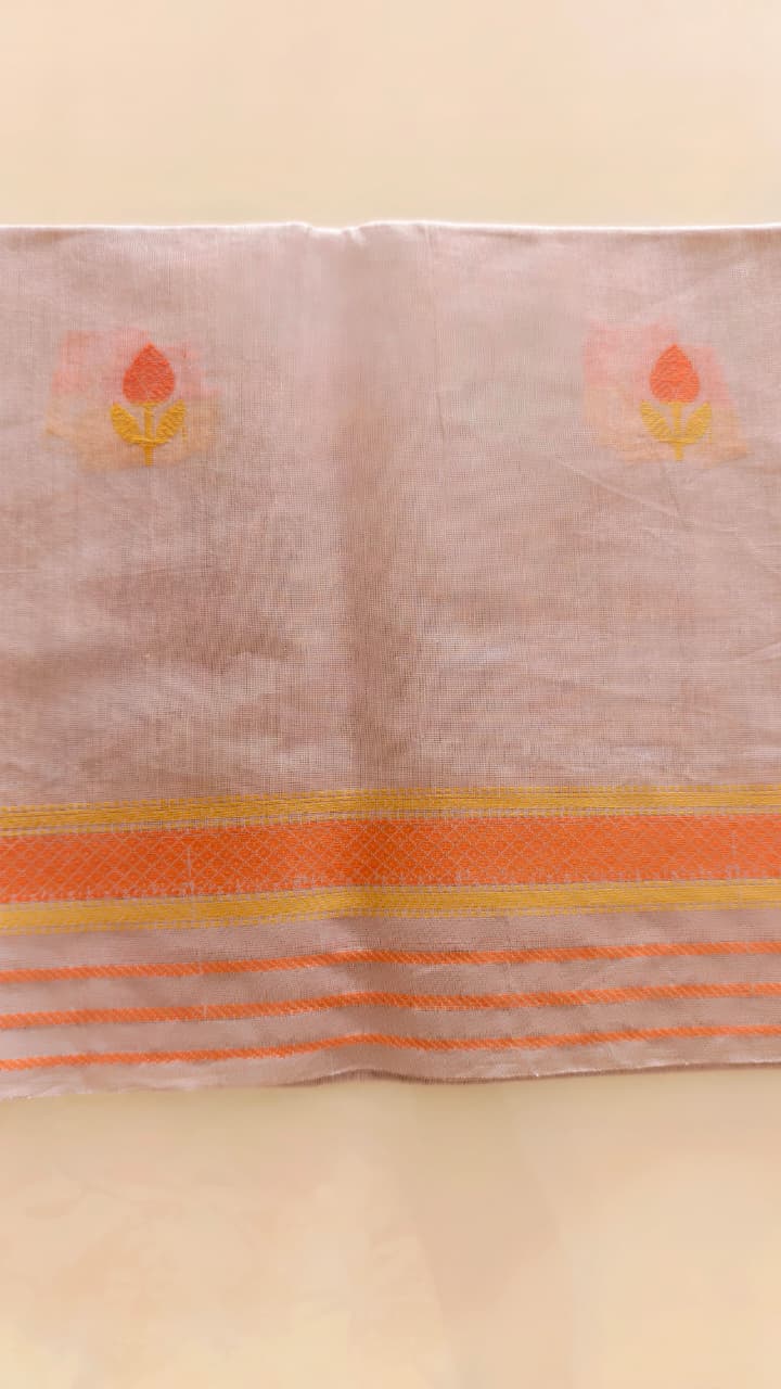 Pure Cotton Beige Saree with Orange Floral Motifs & Contrast Border