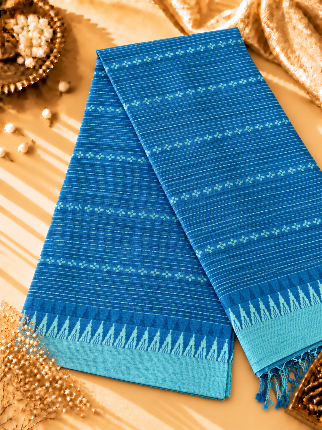 Blue Pure Cotton woven Saree with Contrast Blouse