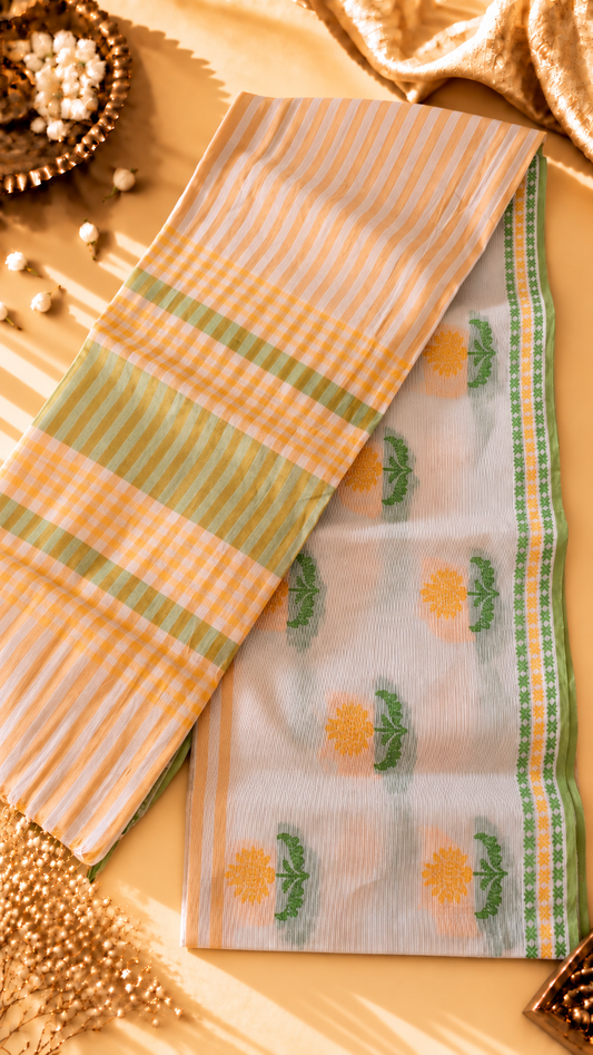 Ivory Cotton Woven Saree with Sage Green & Mustard Stripes – Contrast Blouse