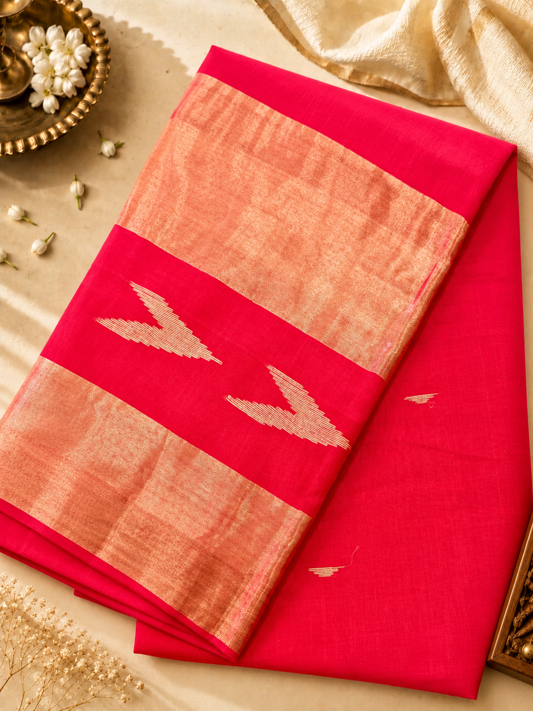 Tomato Red Soft Jamdani Cotton Saree with Tissue Border