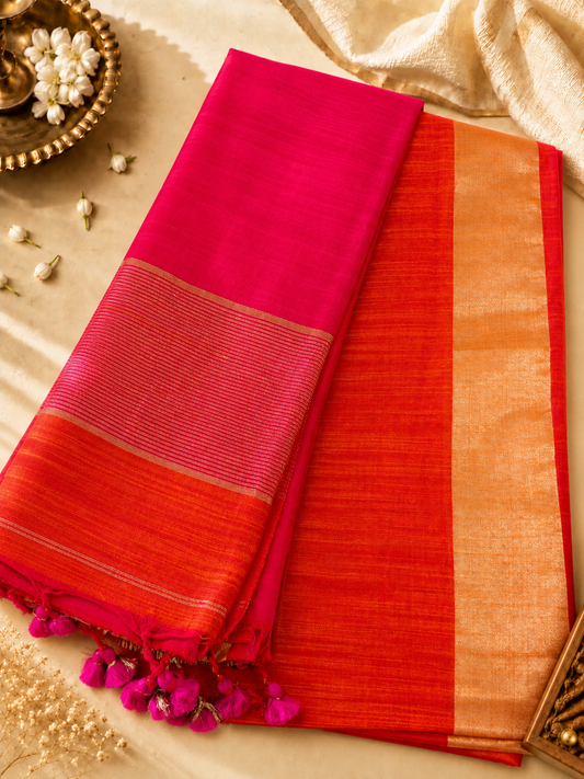 Saffron & Magenta Soft Cotton Saree with Zari Stripes