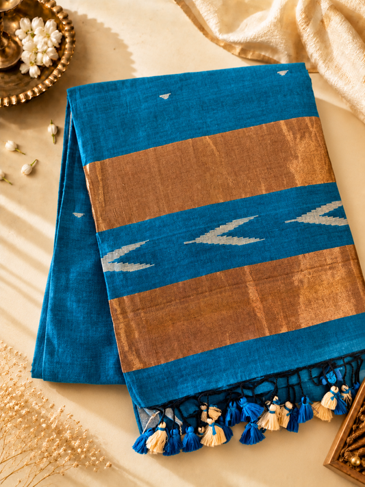 Teal Blue Soft Cotton Saree with Copper Zari & Silver Motifs