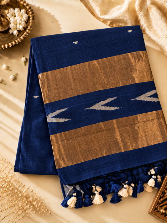 Navy Blue Soft Cotton Saree with Copper-Gold Zari