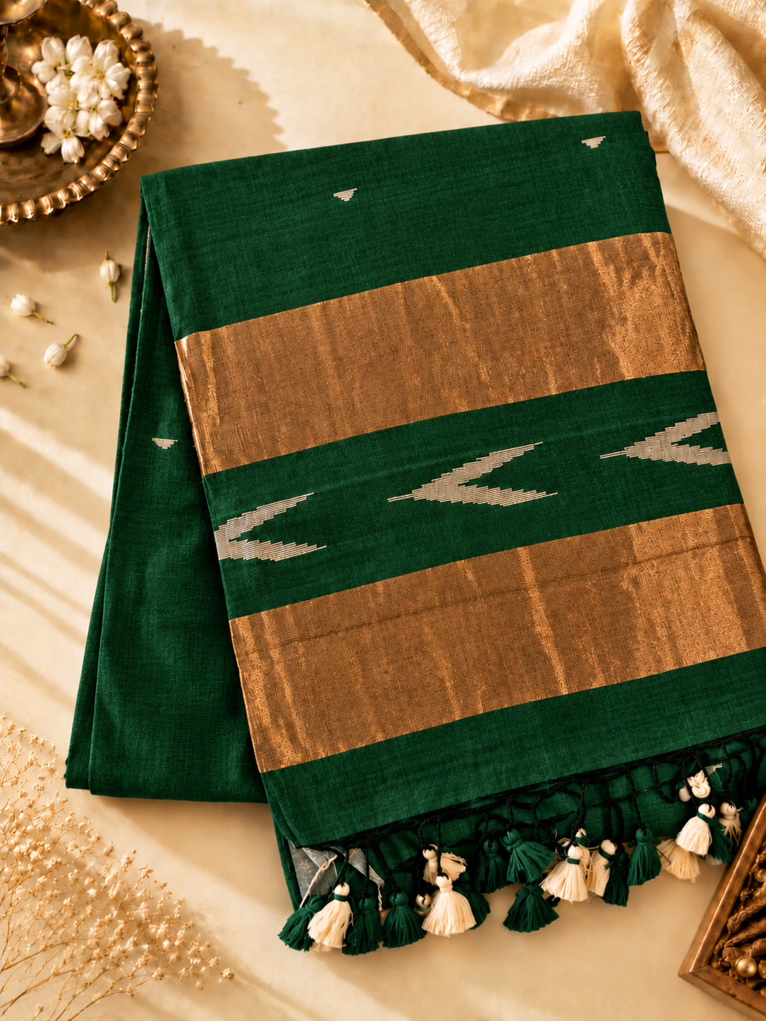 Deep Emerald Green Soft Cotton Saree with Copper-Gold Zari