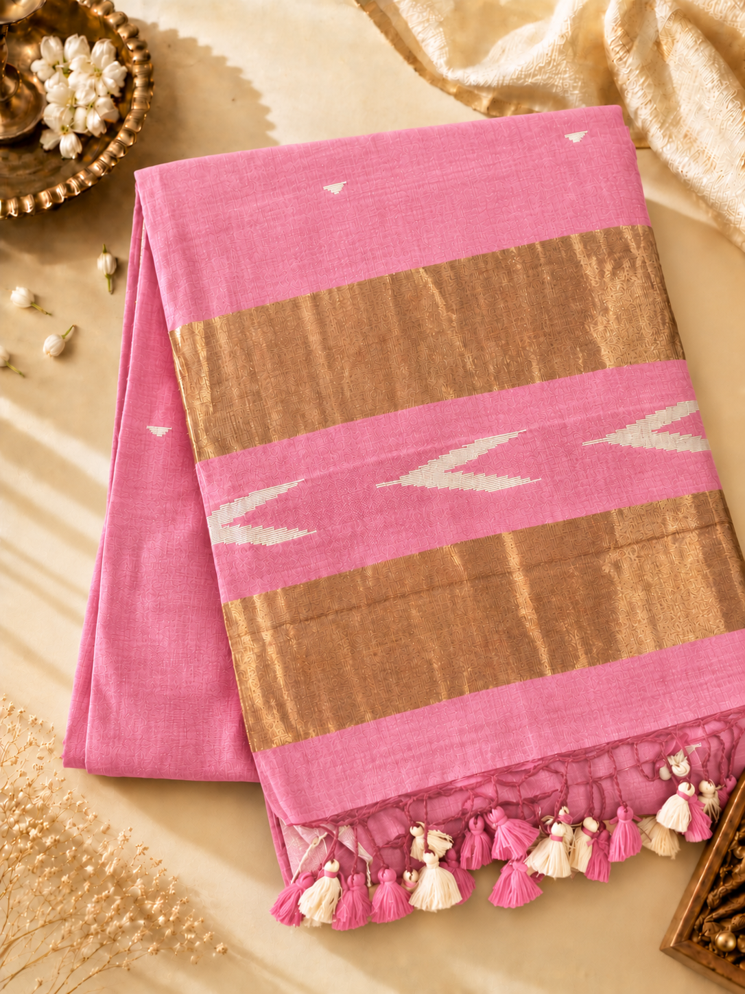 Pastel Pink Soft Cotton Saree with Copper-Gold Zari