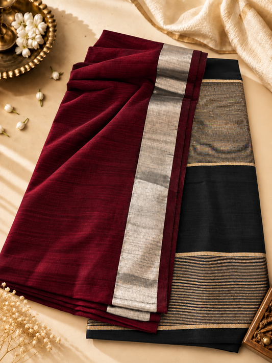 Maroon & Black Soft Cotton Saree with Silver Zari Border