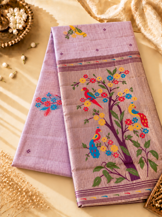 Lavender Lilac Linen Saree with Multicoloured Bird & Floral Pallu