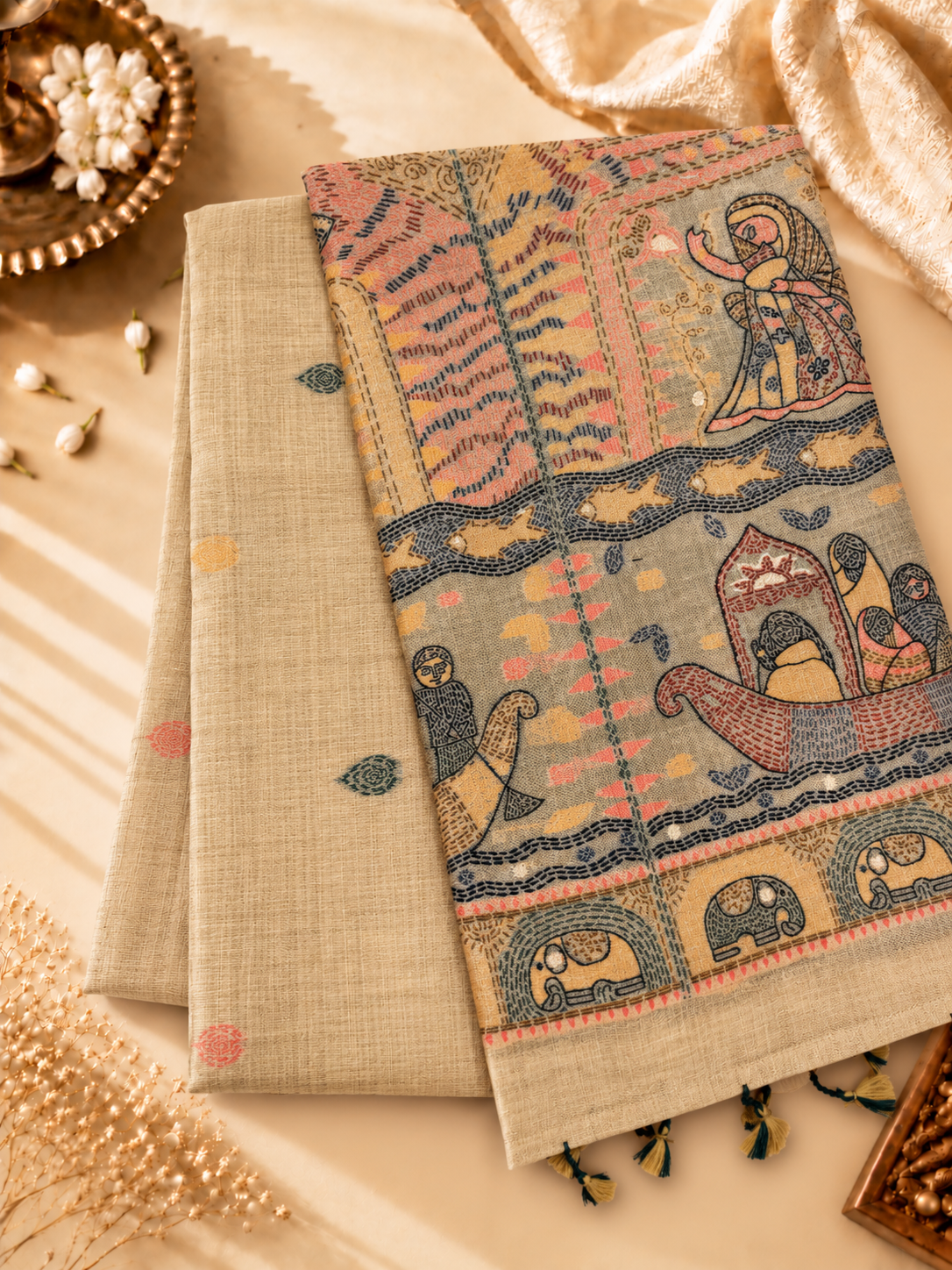 Sand Beige Madhubani inspired village theme woven saree