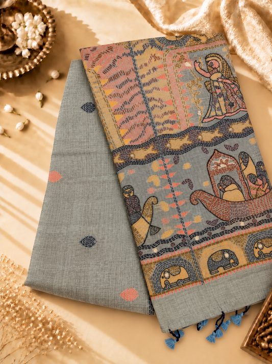 Slate blue Madhubani inspired village theme woven saree
