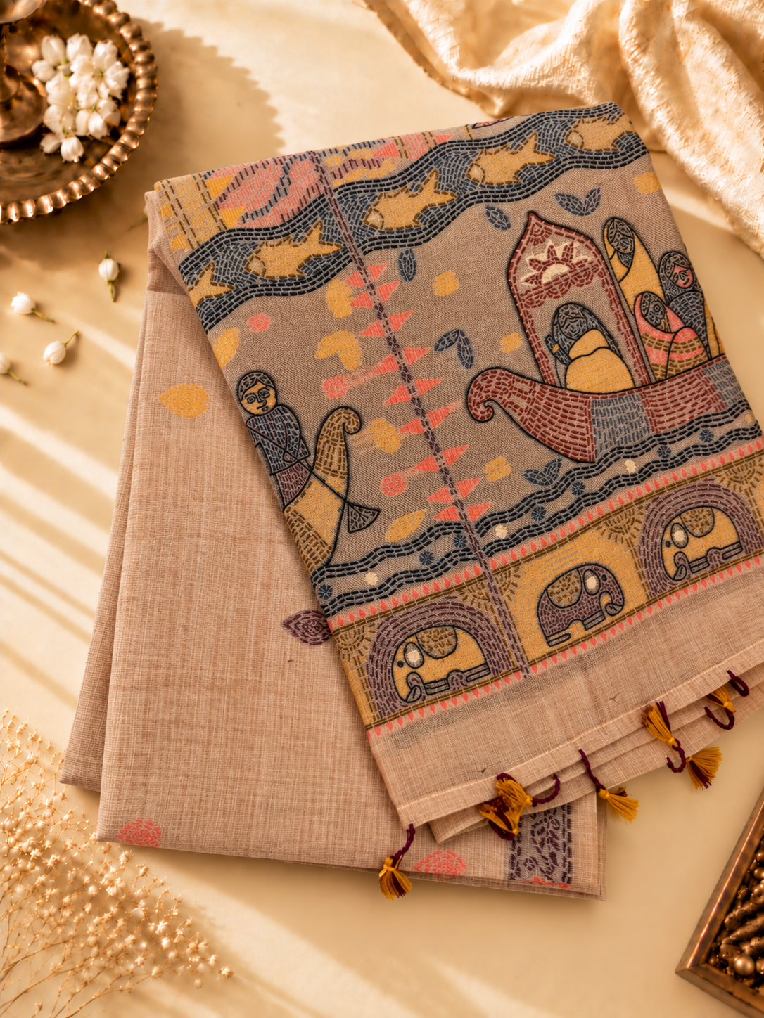 Rose Beige Madhubani inspired village theme woven saree