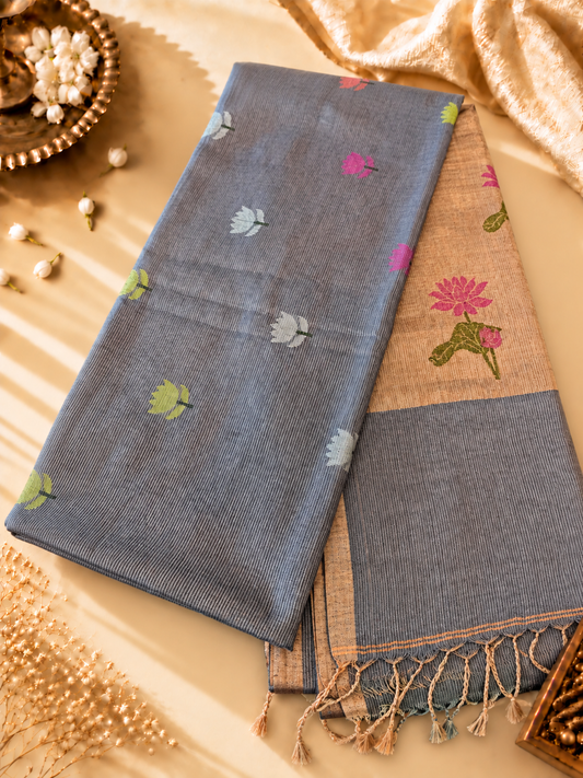 Steel Grey Silk Linen Jamdani Saree with Golden Zari Pallu with floral motifs