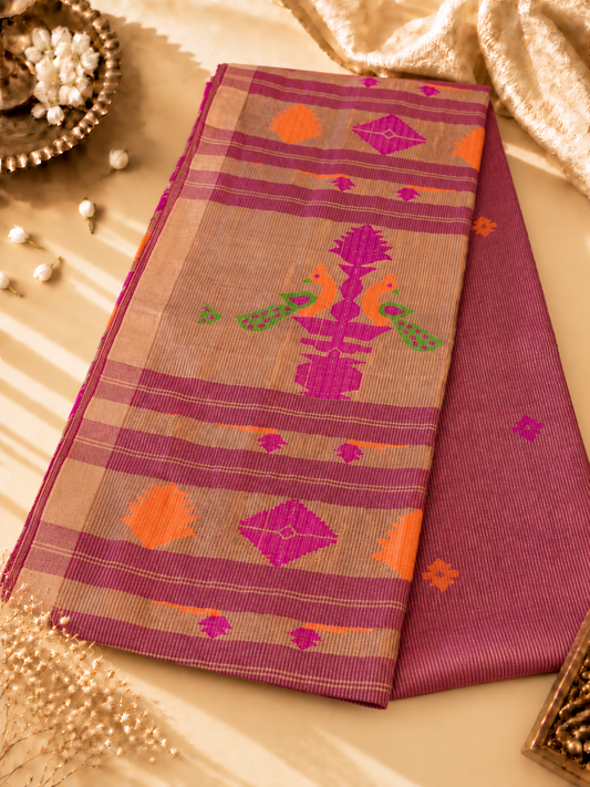 Dusty Rose Pink Silk Tissue Linen Jamdani Saree