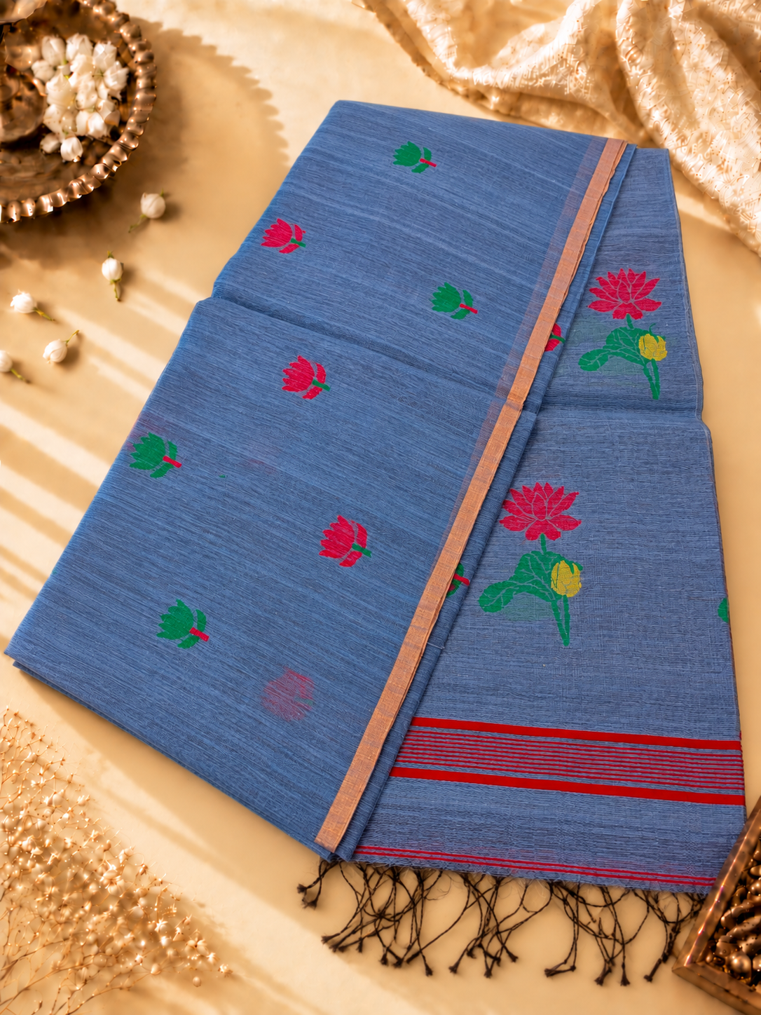 Slate Blue Silk Linen Jamdani Saree with Floral Motifs