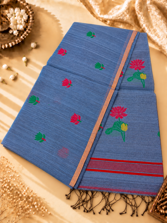Slate Blue Silk Linen Jamdani Saree with Floral Motifs