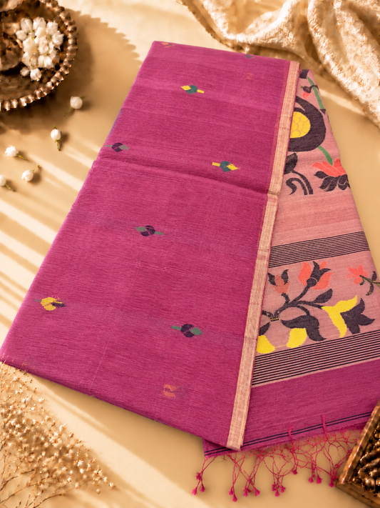 Deep Rose Pink Linen Jamdani Saree