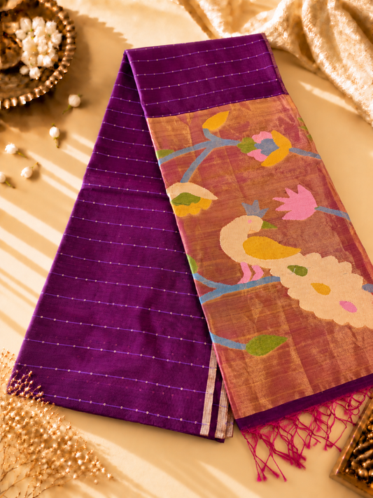 Deep Plum purple Silk cotton Jamdani saree