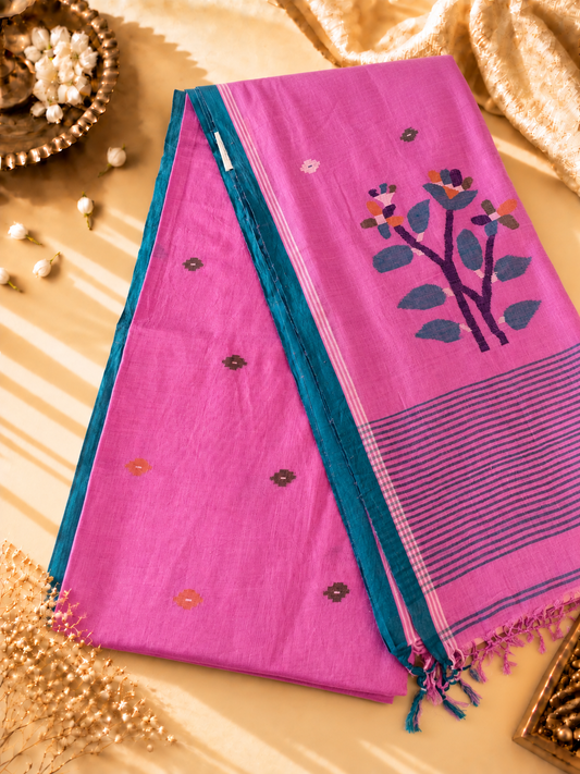 Pink & Teal Pure Handloom Muslin Cotton Jamdani Saree