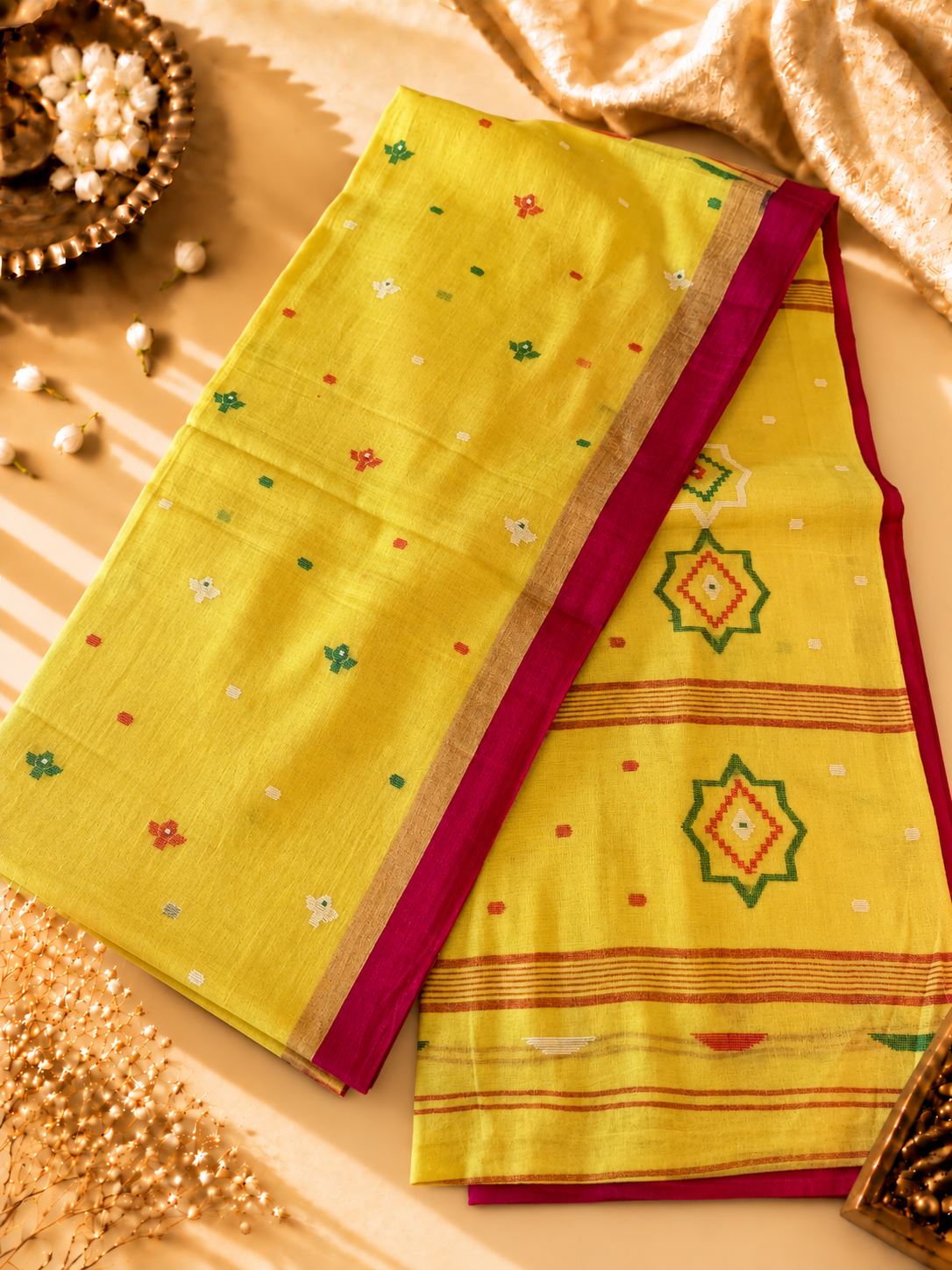 Sunshine Yellow Pure Handloom Muslin Cotton Jamdani Saree