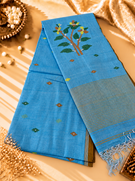 Sky Blue Pure Handwoven Muslin Cotton Jamdani Saree