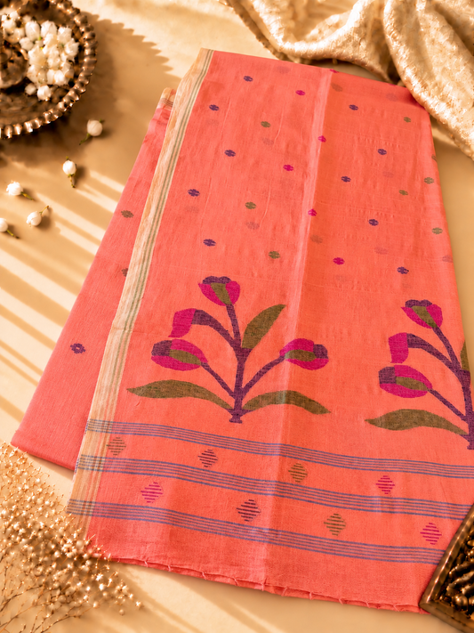 Coral Peach Pure Handloom Muslin Cotton Jamdani Saree