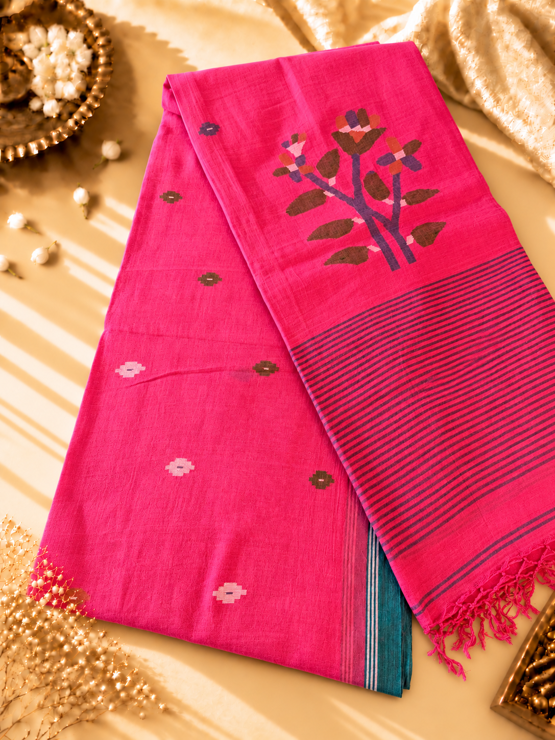 Vibrant Fuchsia Muslin Cotton Handloom Jamdani Saree