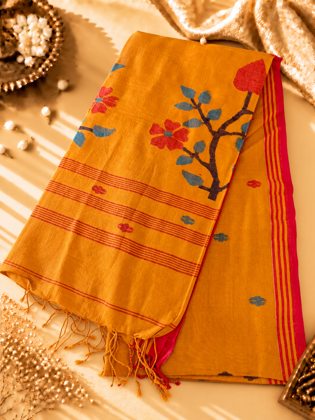 Mustard Yellow Muslin Cotton Jamdani Handloom Saree