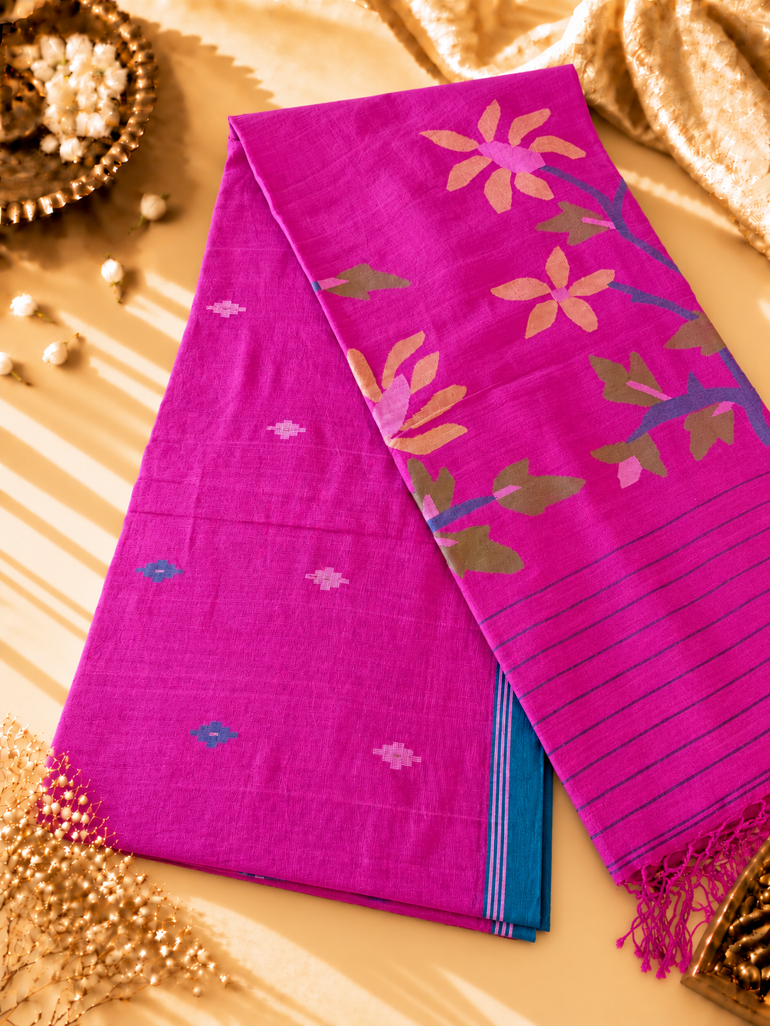 ibrant Magenta Muslin Cotton Jamdani Handloom Saree