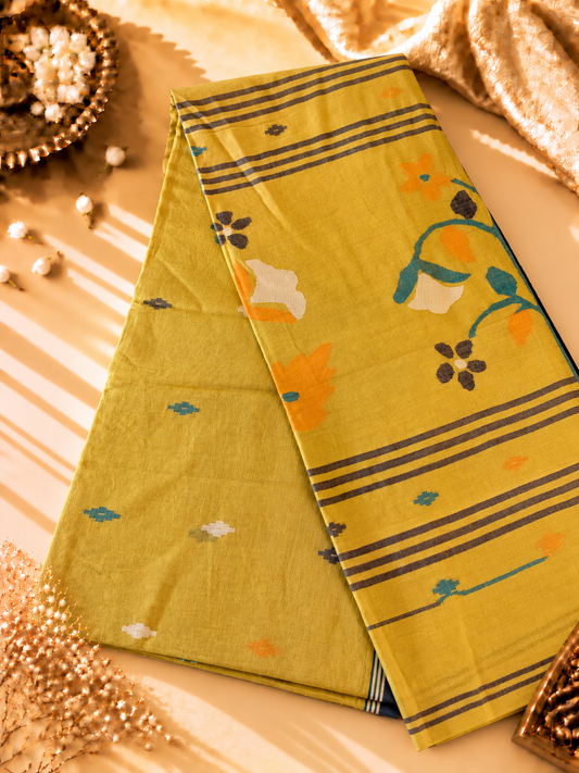 Mehendi Green Muslin Cotton Handloom Jamdani Saree