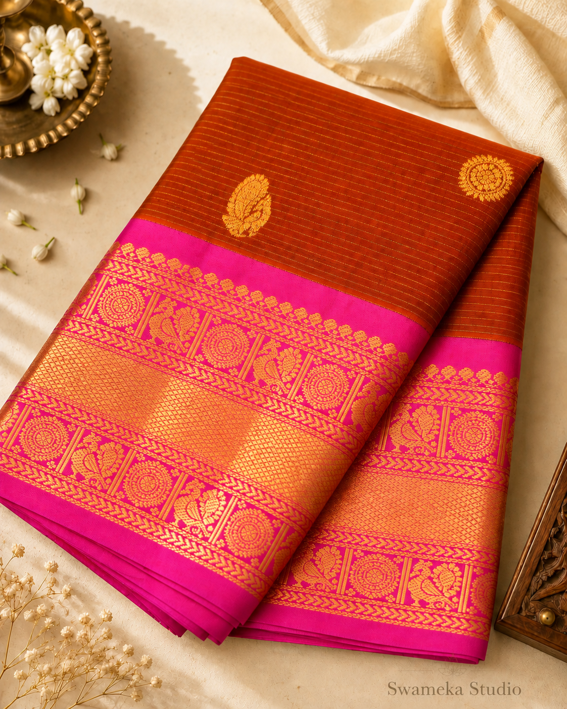 Warm Terracotta Sienna Kanjivaram silk with rich Magenta, featuring Peacock and Rudraksha motifs framed by elegant running leaf zari borders.