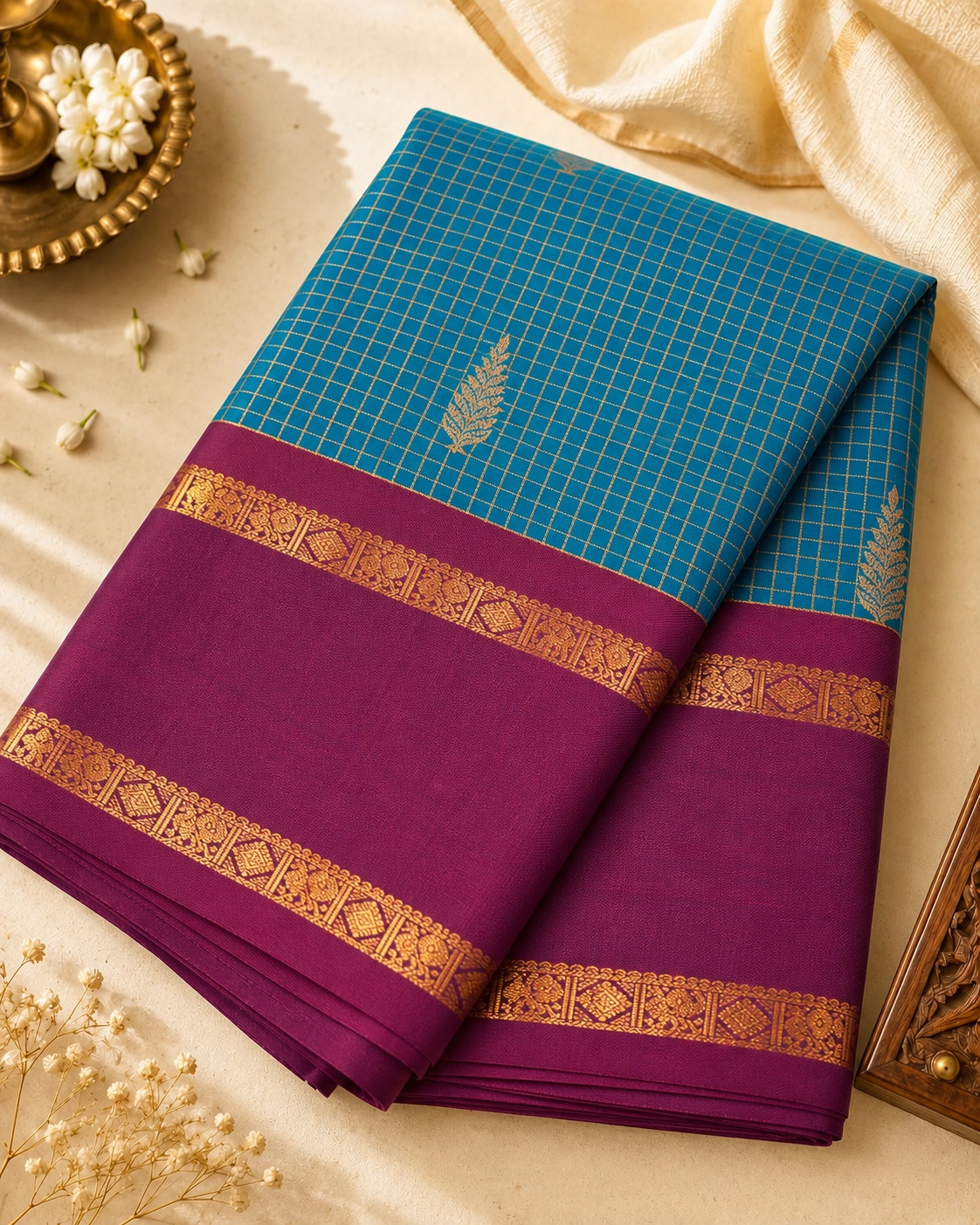 Vibrant turquoise blue Kanjivaram silk with gold zari checks and leaf motifs, complemented by magenta and a traditional elephant, peacock & diamond zari border.