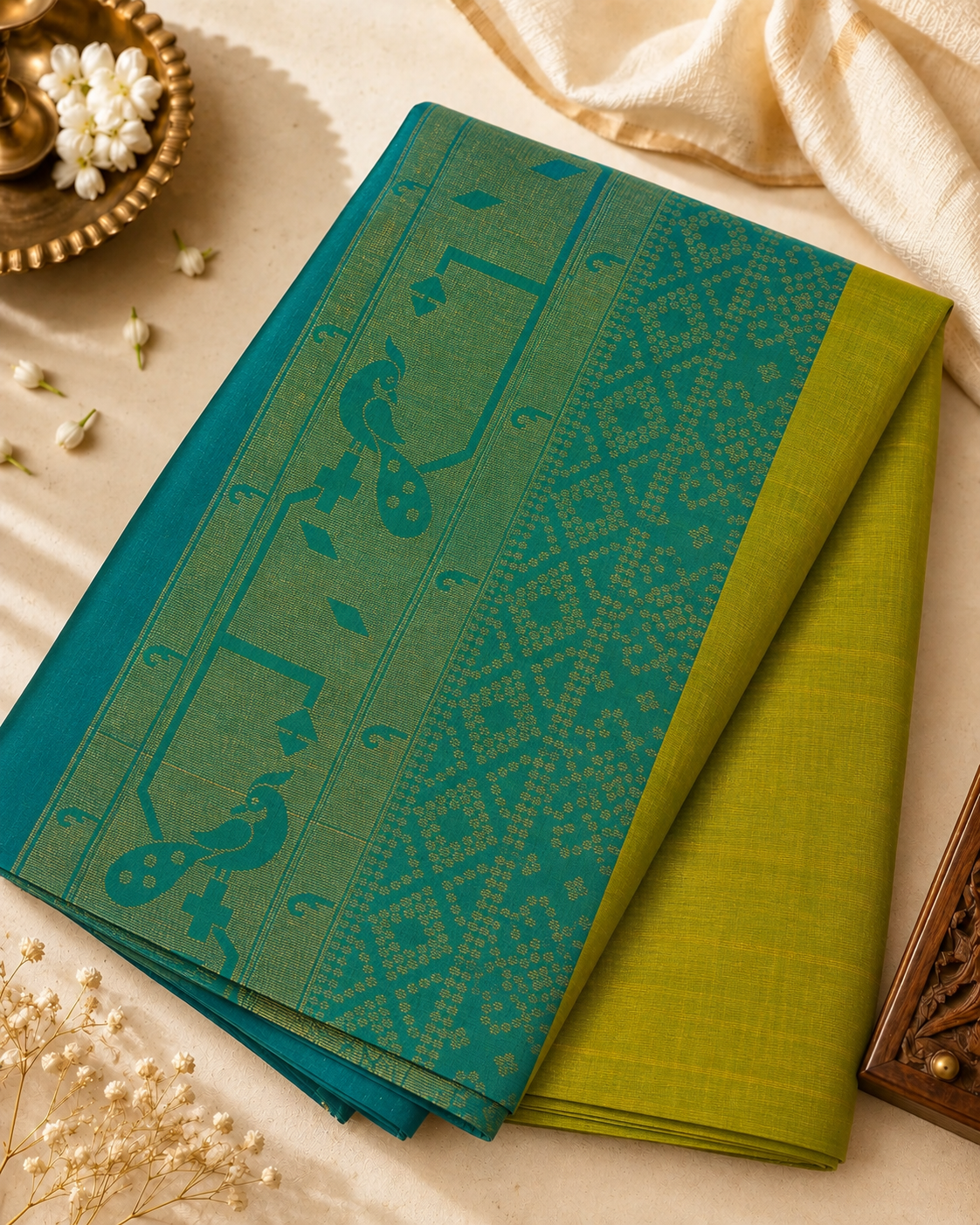 Vibrant lime green pure soft silk paired with teal blue, featuring elegant Paithani-inspired peacock motifs and traditional zari detailing.