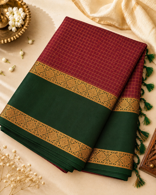 Elegant wine-maroon pure soft silk with a striking dark green border enriched with intricate gold zari diamond motifs.