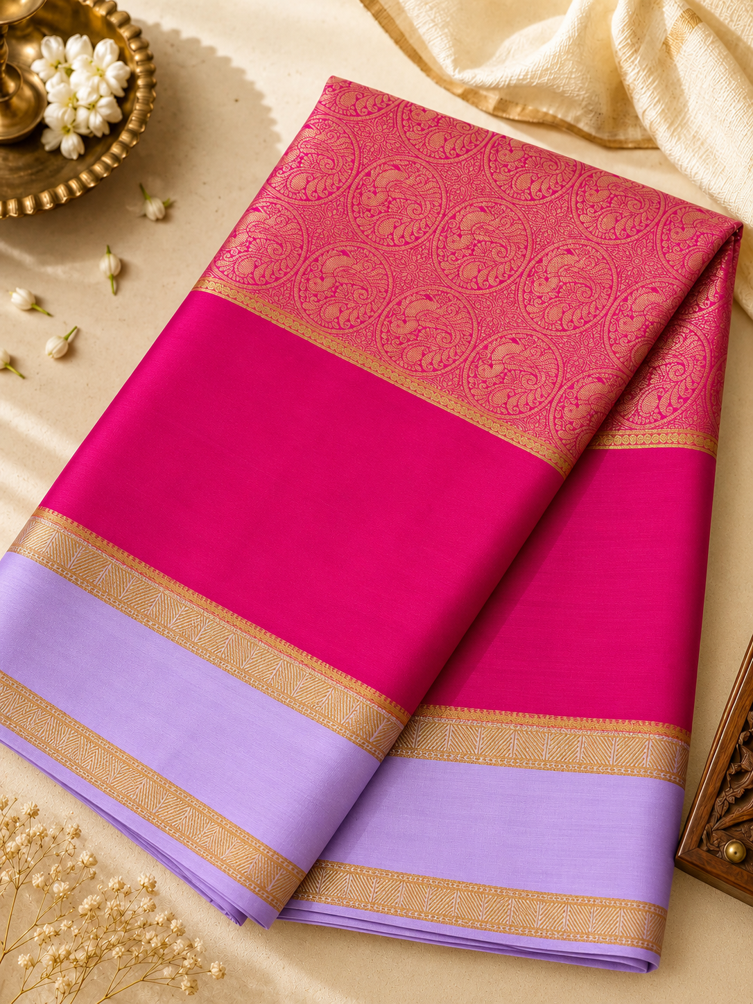 Vibrant Rani Pink Pure Mysore Silk in Mubbagam style, featuring running Peacock zari motifs and an exquisite Leaf-Mango pallu with Peacocks woven within the leaf designs.