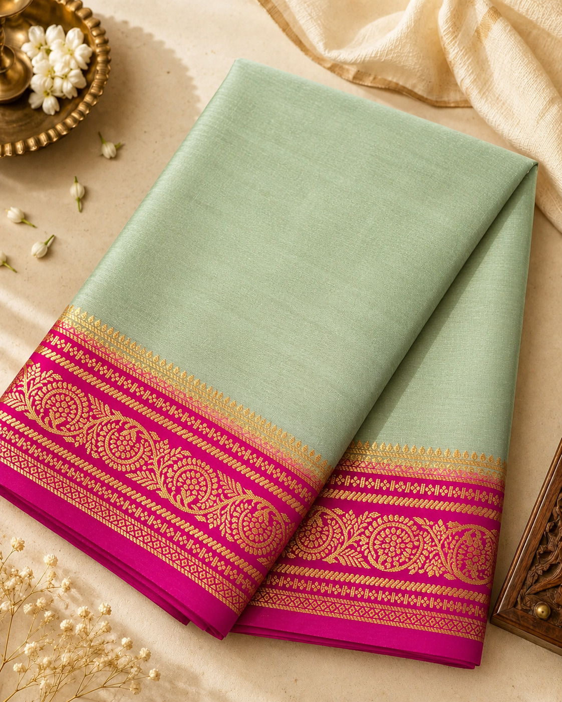 legant pastel green Pure Mysore Silk Crepe with a vibrant Rani Pink pallu and intricate floral gold zari borders.