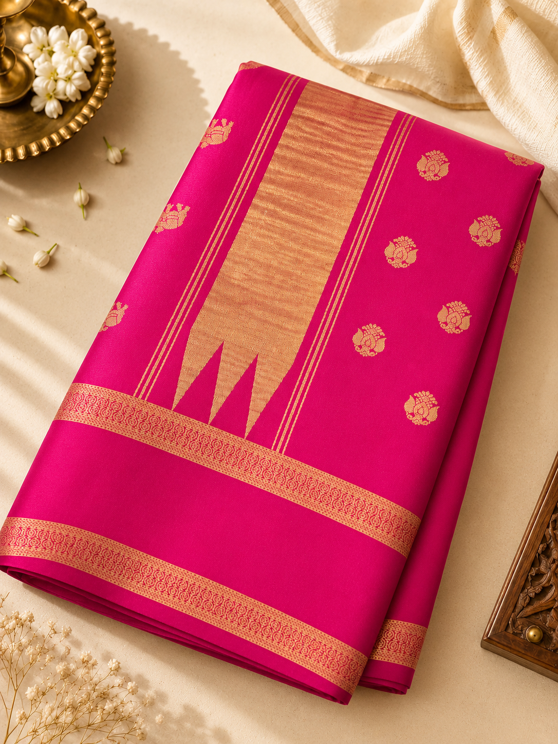 Rich magenta Mysore Crepe silk adorned throughout with Peacock, Gandaberunda, Topi and Elephant motifs in exquisite gold zari.