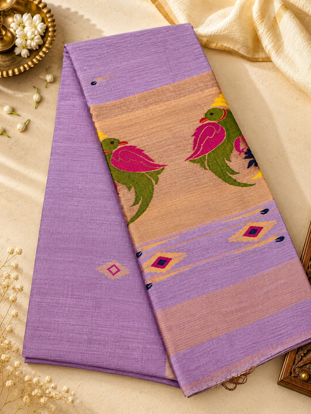 Elegant lavender Tissue Linen Jamdani saree with Paithani-style handwoven parrot motifs and delicate golden zari detailing.