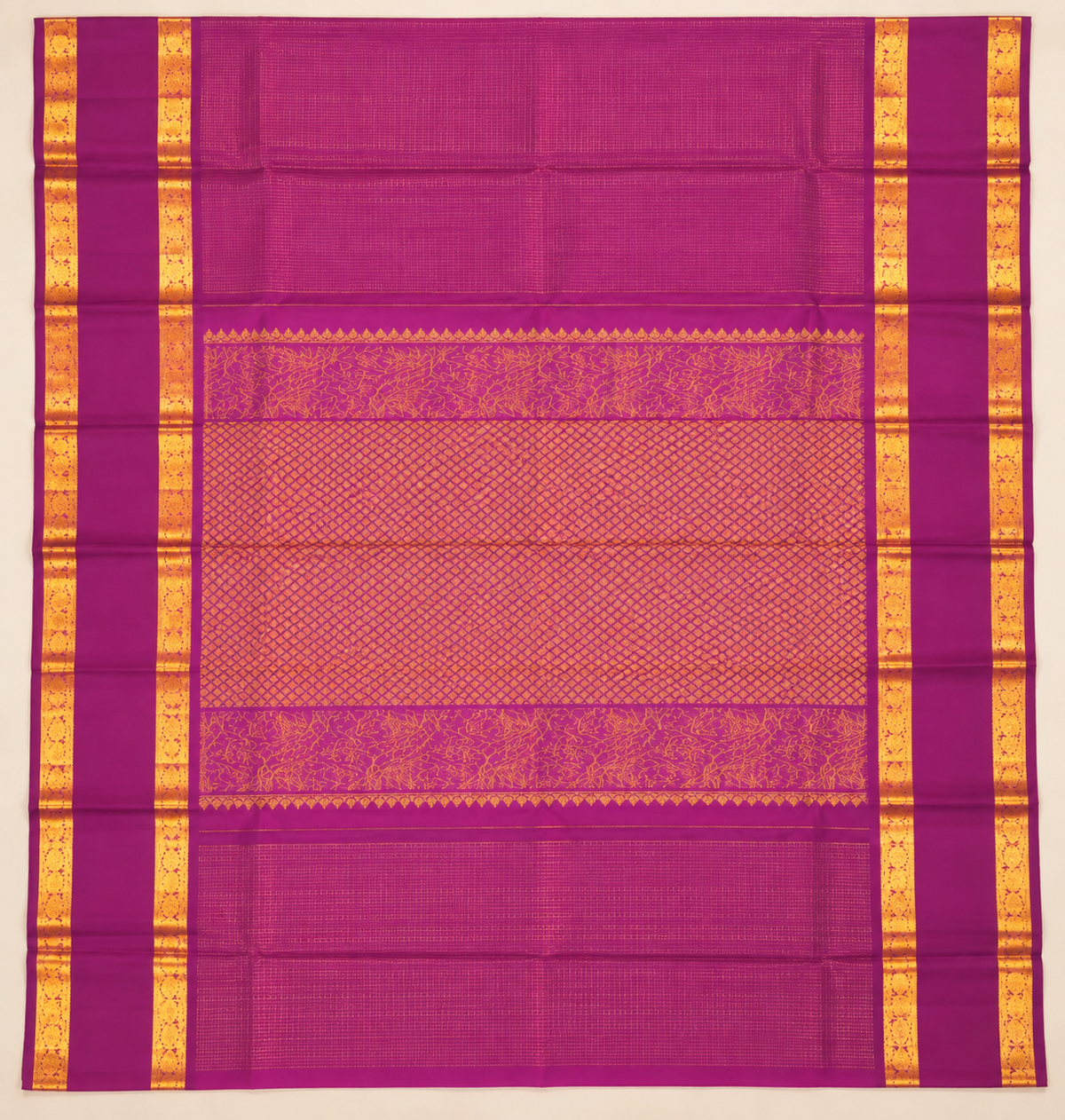 Regal royal purple Kanjivaram silk with gold zari checks, Gandaberunda, peacock motifs and intricate traditional line detailing.