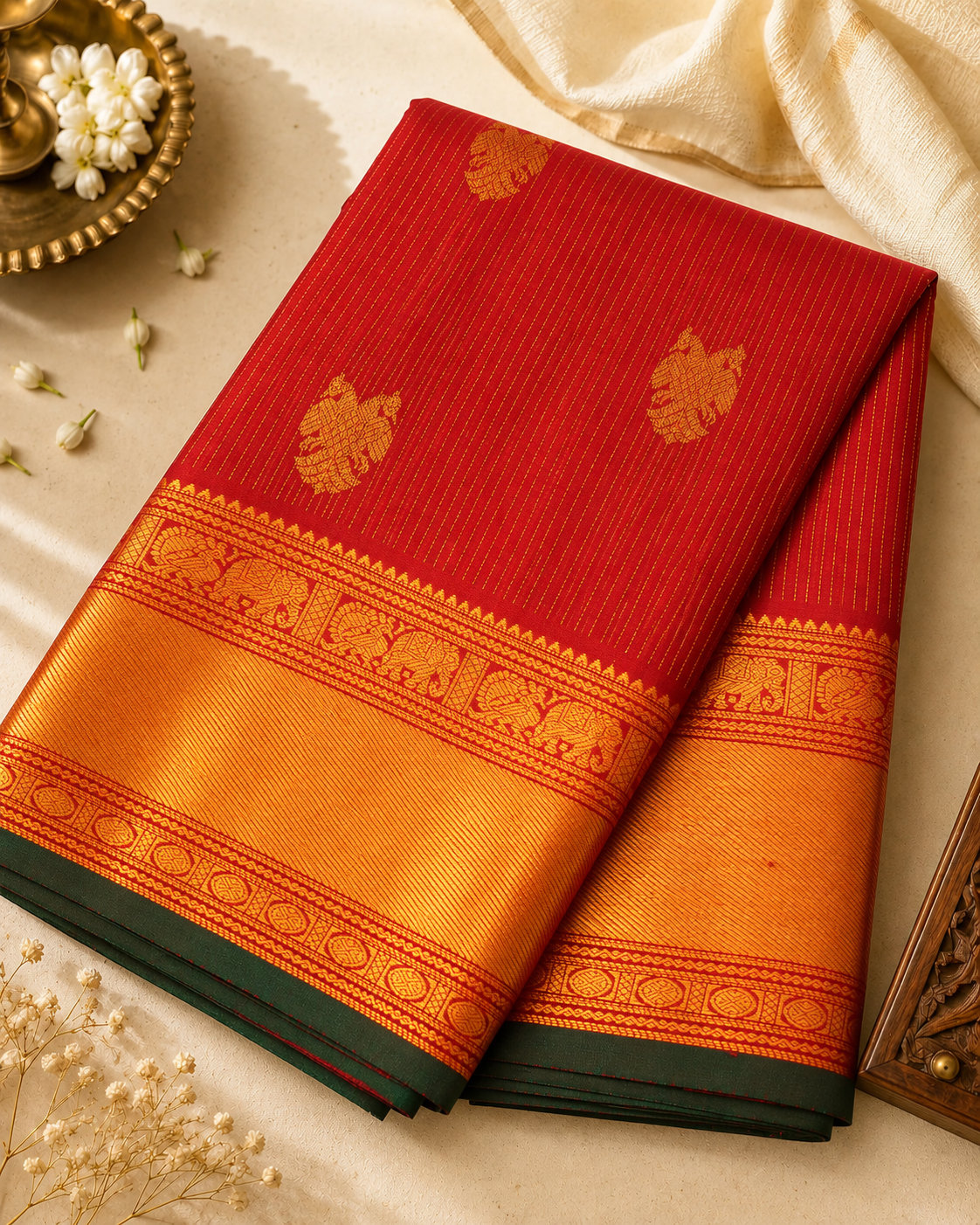 Rich deep crimson red Kanjivaram silk adorned with Gandaberunda motifs, peacocks, elephants and Rudraksha zari detailing.